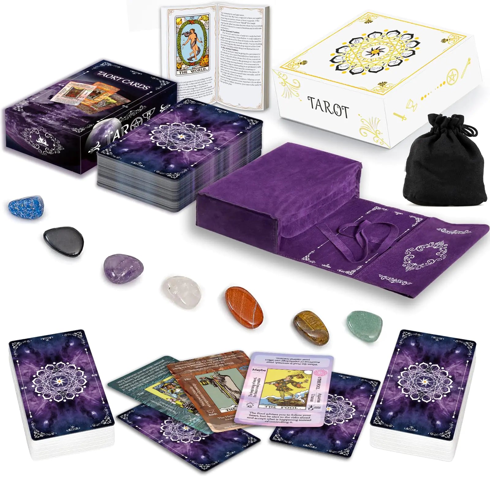 Tarot Cards Set with Guide Book, Velvet Tarot Bag and Chakra Stones